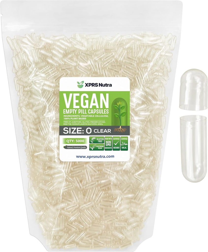 XPRS Nutra Størrelse 0 Tomme kapsler - 5000 Tomme Veganske kapsler - Vegetariske piller - DIY Vegetabilske Kapsler Fyldning - Veggie Pill Caps til Do- It- Yourself Kosttilskud