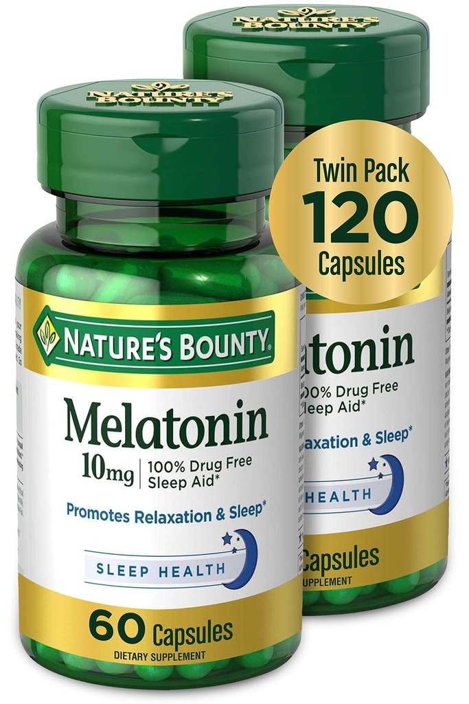 Naturens Bounty Melatonin, fremmer afslapning og søvn sundhed, 10 mg, kapsler, 60 Ct (2 Pack)