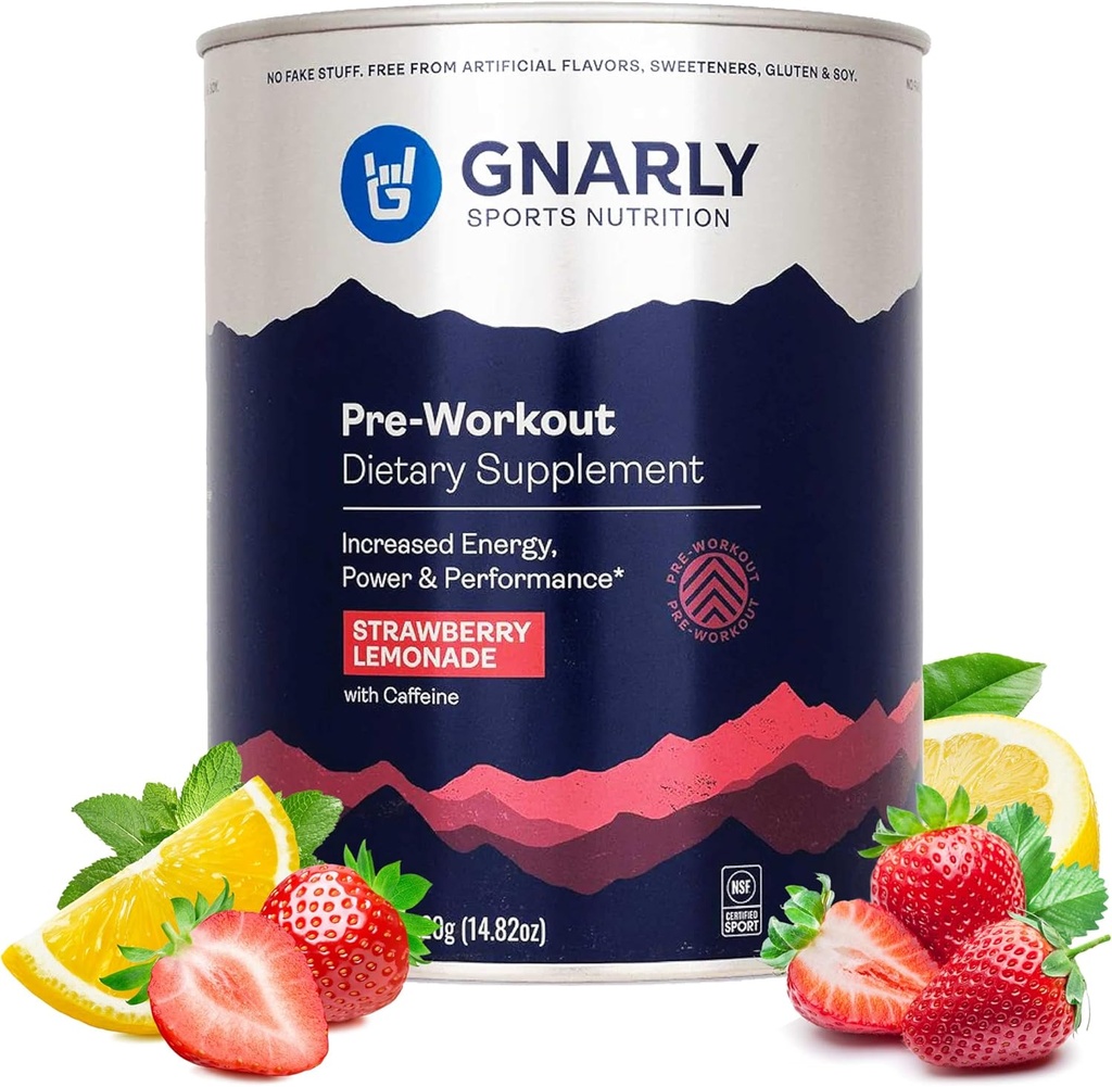 Garly Nutrition Natural Pre- Workout Powder, Jordbær Lemonade - NSF Sport Certified, Endurance & Recovery - Vegan Pre- Workout, Sport Nutrition - Jordbær Lemonade med koffein, 14.82 oz