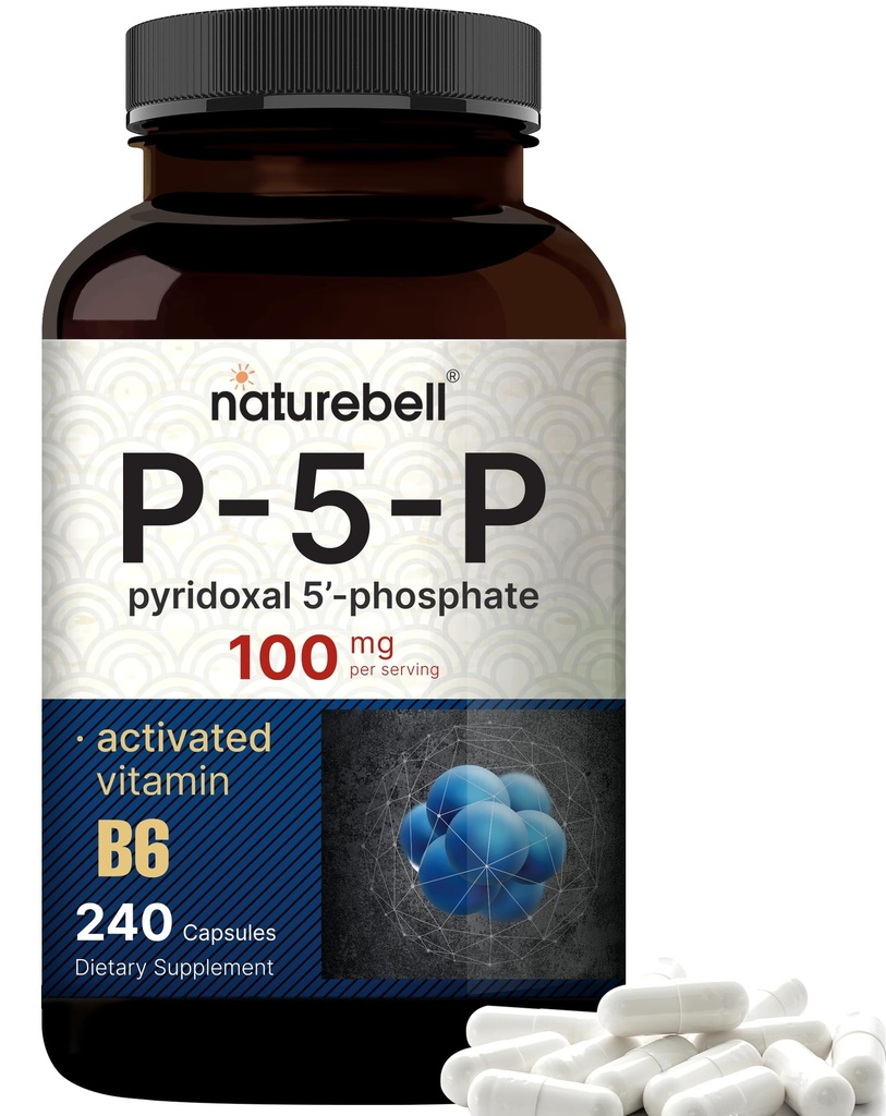 NatureBell P5P Vitamin B6 100 mg per servering, 240 Kapsler; Aktiveret Pyridoxal 5 Fosfattilskud - Essential B Vitamin til hjerne og hukommelse sundhed - ikke-GMO