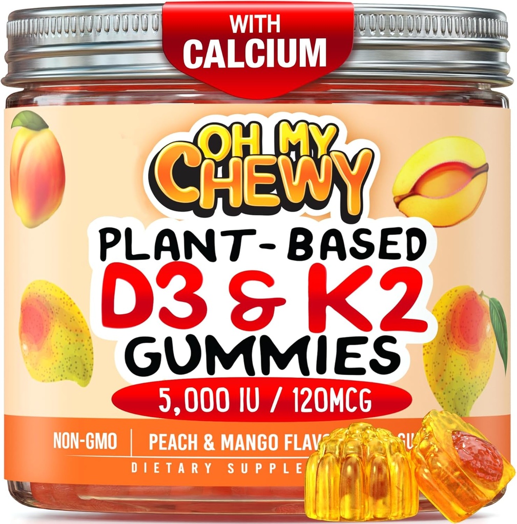 Center- fyldt D3 K2 Gummies - Børn, Teens & Voksne - Supplement for sunde tænder, Knogler, Energi & Immunitet - 5000 IE D3, 120 mcg K2 (MK- 7), 120 mg Calcium - Vegan & non- GMO - 60 Tæl