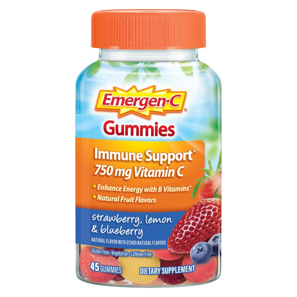 Emergen- C 750mg C-vitamin Gummies til voksne, immunsupport Gummies, Gluten Free, Strawberry, Lemon og Blåbærsmag - 45 Greve