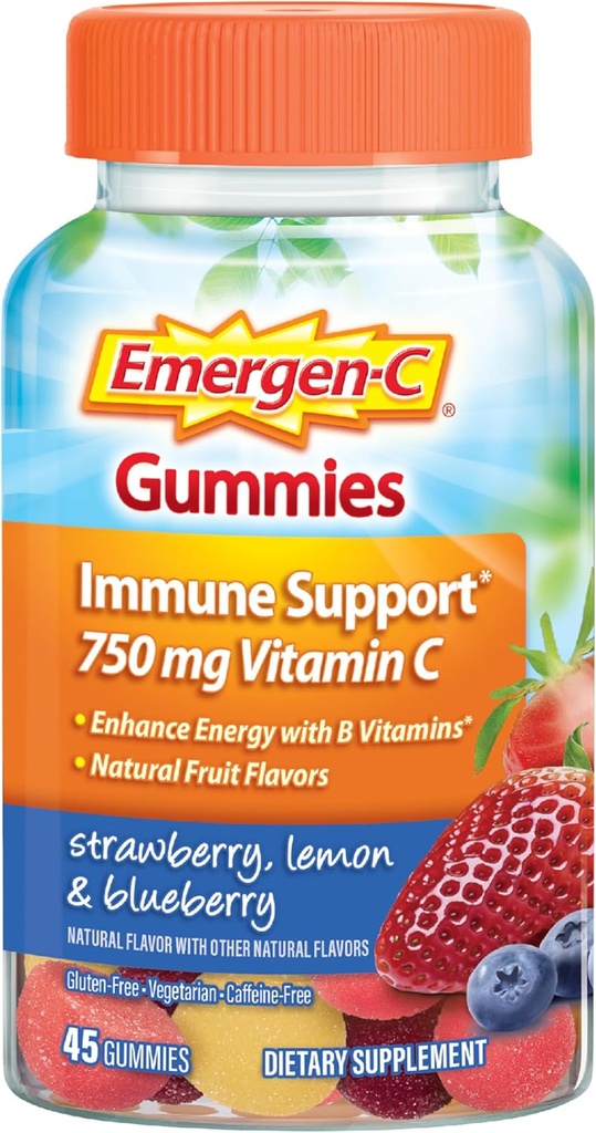 Emergen- C 750mg C-vitamin Gummies til voksne, immunsupport Gummies, Gluten Free, Strawberry, Lemon og Blåbærsmag - 45 Greve