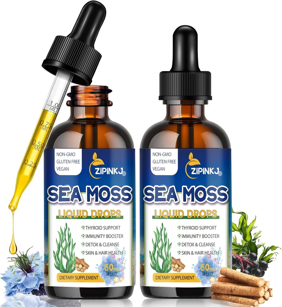 Organic Sea Moss Drops, 11 i 1 Black Seed Oil & Irish Liquid Sea Moss Gel Ashwagandha Burdock Root, Spirulina, Bladderwrack, Elderberry til fordøjelse, Immunitet, Huden hår sundhed, non-GMO - 4 Fl Oz