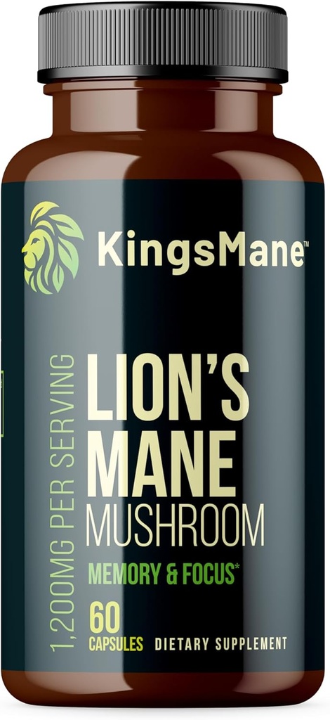 KingsMane ™ Organic Lions Mane Mushroom Supplement, Memory, Focus, & Clarity Brain Support, 1200mg, 60 kapsler