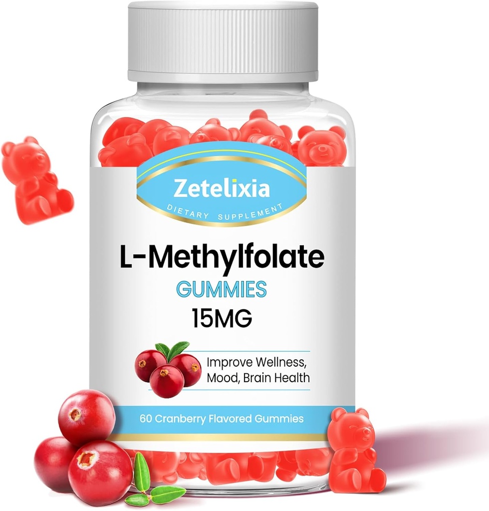 L- methylfolat 15mg & Methyl B12 Gummies, Folate Supplement for Hjerne Sundhed, Mood & Immunitet, DNA Syntese & Reparation, Sukker fri, Vegan, Tranebær Flavor, 60 Greve