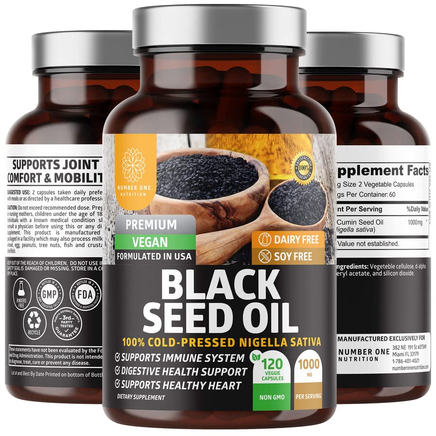 Nummer et ernæring N1N Premium Black Seed Oil [Max Strength, 1000 mg] 100% Cold- Pressed Nigela Sativa til støtte fordøjelse, immunsystem og fælles komfort og mobilitet, 120 Caps