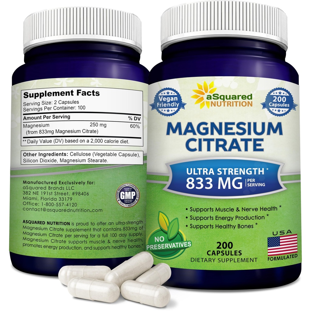 aSquared Nutrition Magnesium Citrate 833mg Supplement - 200 Kapsler - Max Strength Vegan Mag Citrate Powder Pills to Support Pure Function of Muscles, Heart & Bones - Hjælper øge energi