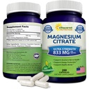 aSquared Nutrition Magnesium Citrate 833mg Supplement - 200 Kapsler - Max Strength Vegan Mag Citrate Powder Pills to Support Pure Function of Muscles, Heart & Bones - Hjælper øge energi