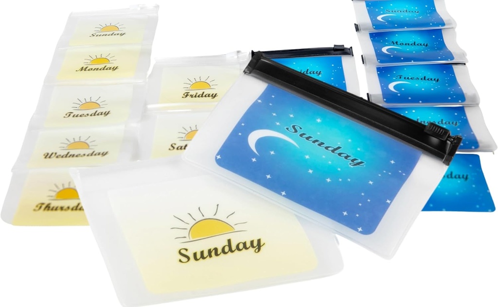 Reusable Plastic Baggies for Am Pm Travel Med Pocket Pharmacy, Color Coded, Pre Labeled Days of The Week Pill Organizer 2 Times A Day for Medicine, Vitamins, 4x3 Inch Zip Closure