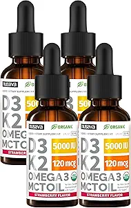 (4 Pack) Organic Vitamin D3 K2 dråber med MCT Oil Omega 3, 5000 IE - Maksimal styrke Vitamin D Væske, Ingen Fylder, Non- GMO Væske D3 til Hurtigere Absorption og immunforsvar (Strawberry, 4 Fl Oz)