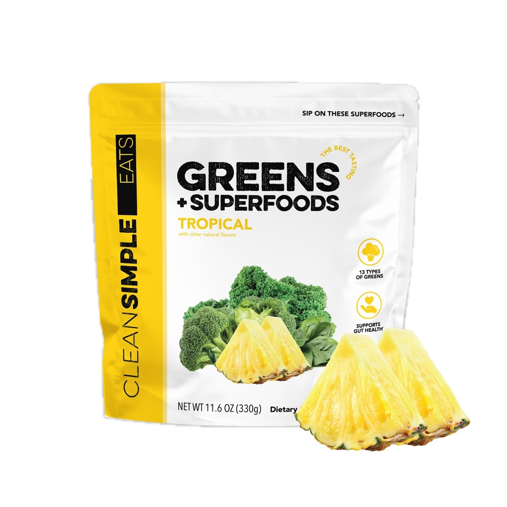 Clean Simple Eats Super Green Powder, Naturlig Flavored Green Powder med Chlorella, Spirulina, Superfoods & Prebiotic Fiber, Ingen kunstige ingredienser, Gluten Free, Tropical Green Flavor, 30 Srvg