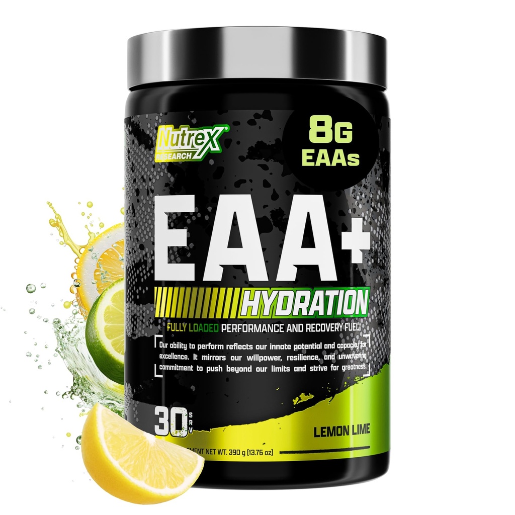 Nutrex Research EAA Hydration Mea124; EAA + BCAA Powder Measurement 124; Muscle Recovery, Strength, Muscle Building, Endurance Measures 124; 8G Essential Aminoacids + Electrolytes Measurement 124; (Packaging My Vary) 30 Serveringer (Lemon Lime)