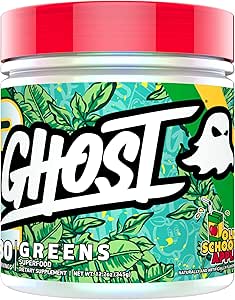 GHOST Green Superfood Powder, Old School Apple - 30 Servering - 19 Super Green & Reds, Frugt, Grøntsager, Spirulina, & Chlorella, Prebiotika, 10 Millioner CFU Probiotiske & fordøjelsesmæssige enzymer - Soy- Free