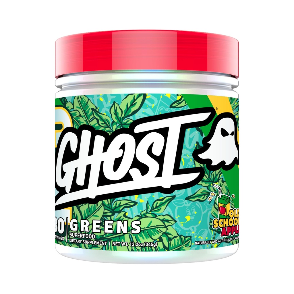 GHOST Green Superfood Powder, Old School Apple - 30 Servering - 19 Super Green & Reds, Frugt, Grøntsager, Spirulina, & Chlorella, Prebiotika, 10 Millioner CFU Probiotiske & fordøjelsesmæssige enzymer - Soy- Free