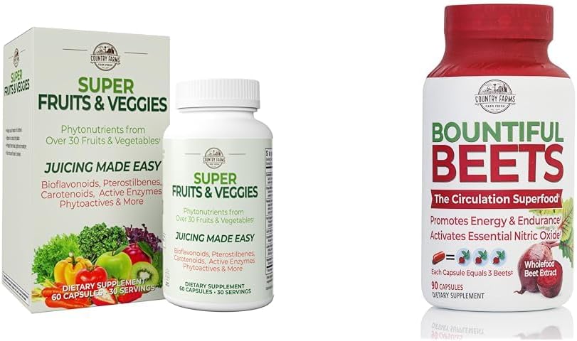 LAND FARMS Super Fruits Veggies Antioxidant Immunenergi Digitale kapsler + Bountiful Beets Nitrooxide Circulation Immunkapsler Bundle, 30 + 90 Servere