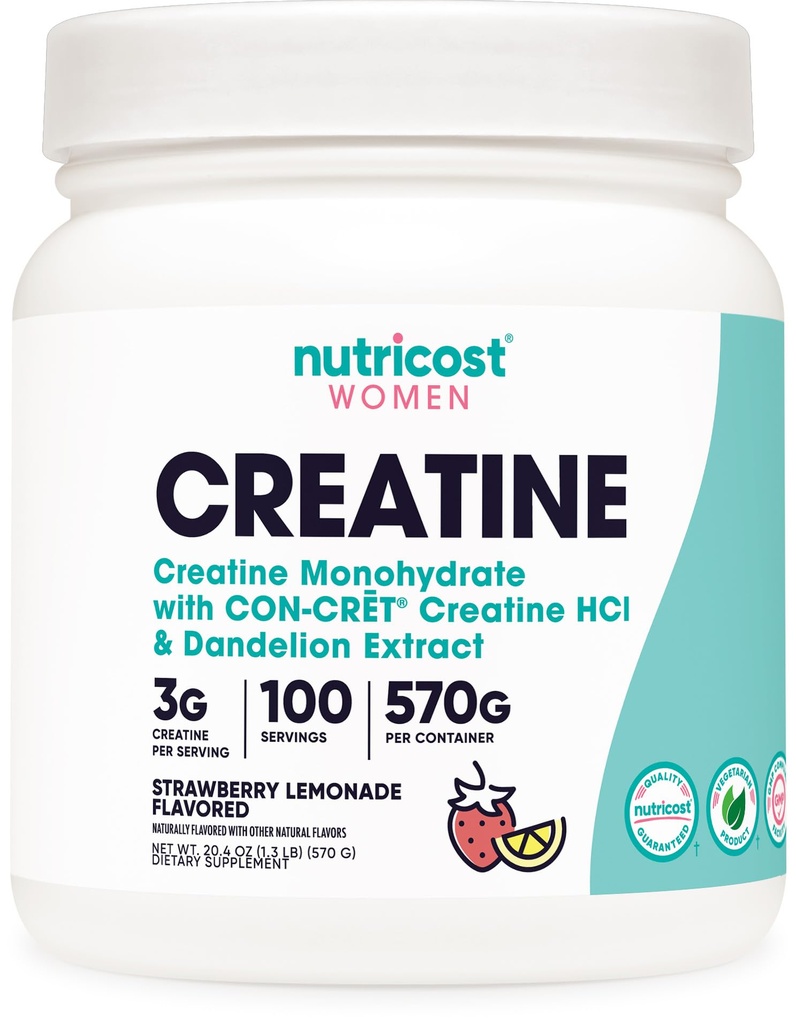 Nutricost Creatinine Monohydrat Pulver til kvinder, Mikroniseret, Jordbær Lemonade, 100 Servering - Vegetarisk, Non- GMO, Gluten Free