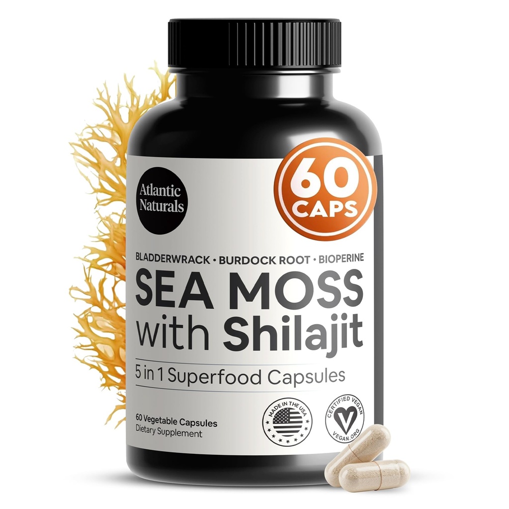 Atlantic Naturals Sea Moss and Shilajit Capsules - 5- in-1 Seamoss Shilajit Combo med Bladerwrack, Burdock Root & Black Pepper - Sea Moss Kosttilskud til Absorption & Vitality - 2705 mg - 60 Greve