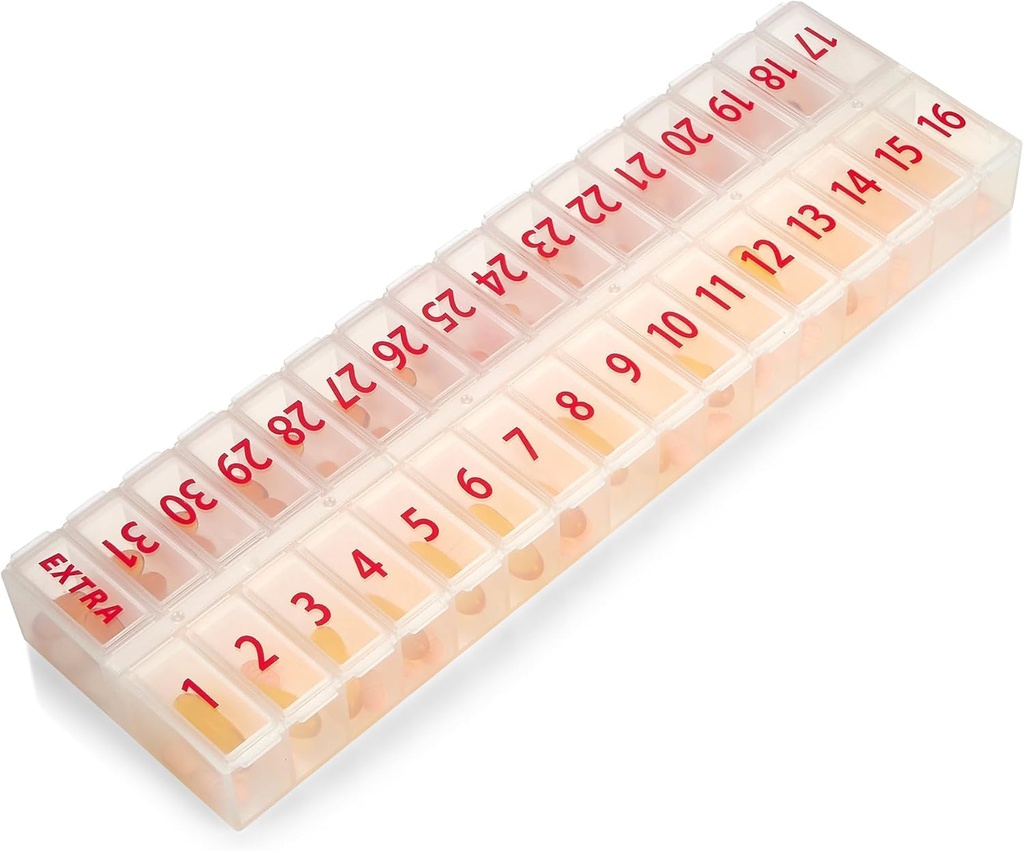 Stor Pill Organizer Månedlig 32 kompartmenter - 30 dag Pill Organizer 1 gang om dagen, Stor Segment Box for Medications, BPA- Gratis plast, Aftagelig Lid for Easy Lading Medicine, Vitamin, Clear