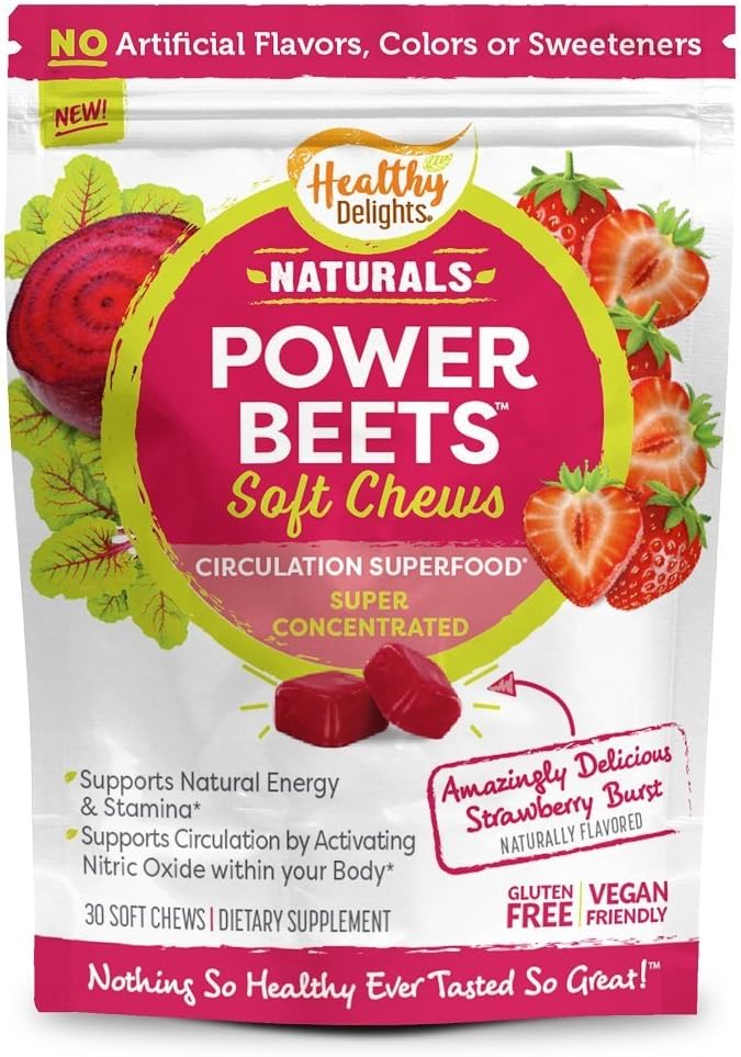Sunde Delights Naturals Power Beets Soft Chews, Lækre Jordbær Burst, Koncentreret Superfood supplement, Understøtter Cirkulation, Naturlig Energi & Stamina, 30 Greve