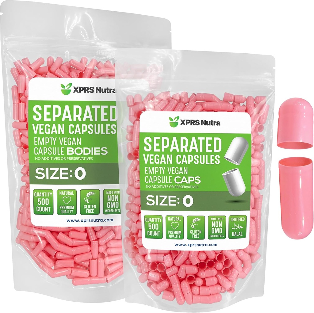 XPRS Nutra Vegan Størrelse 0 Separated Kapsler - 500 Grev Premium Tomme Kapsler Separated in Tasker - Pills 0 Tom for DIY Supplement Filling (Pink)