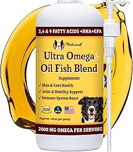 Natural Dog Company Ultra Omega Oil for Dogs a 2000 MG Omega 3, 6, 9 med laks, Pollock & Flaxseed Oil, EPA & DHA, Hundetillæg for hud, Coat, Joints, Allergi & Itch Relief, Hundefiskeolie 16oz