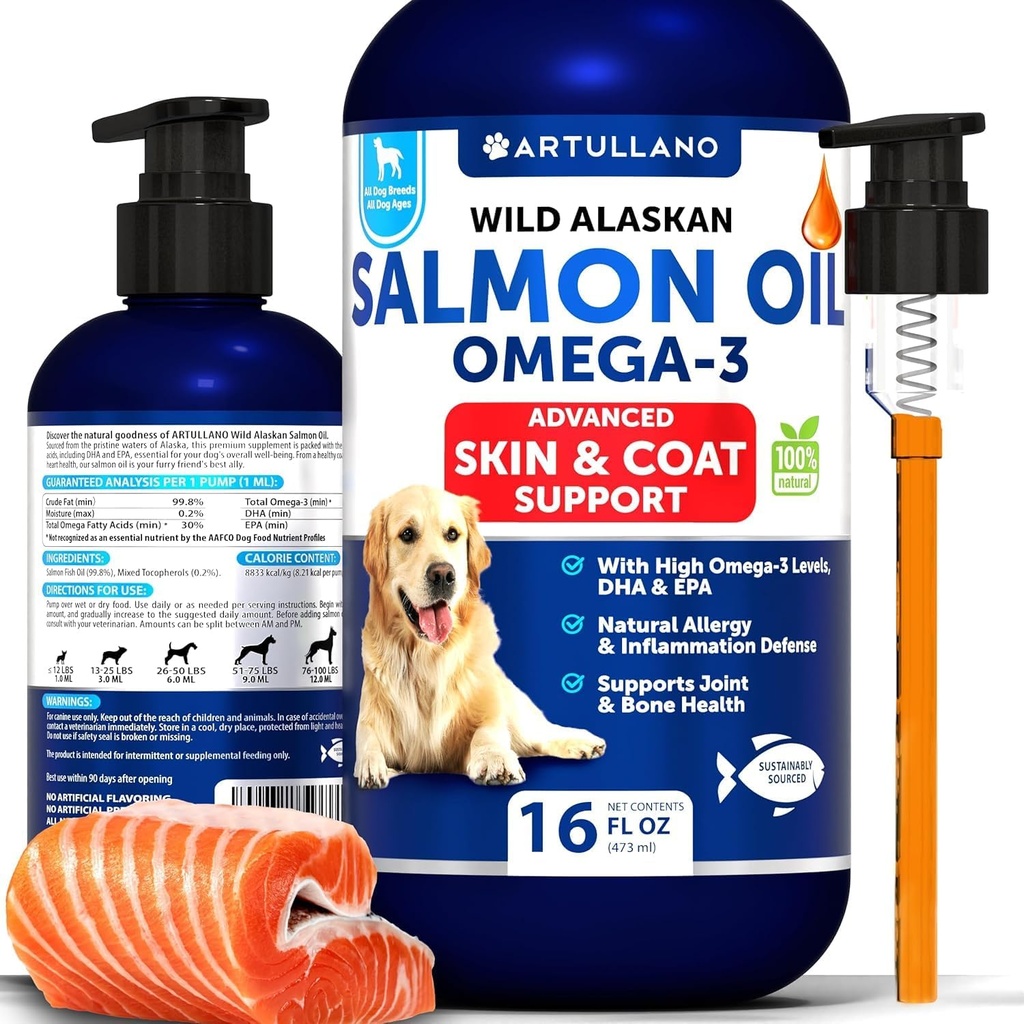 Lakseolie til hunde - Omega 3 for hunde - 16 FL OZ Wild Alaska Salmon Fish Oil - Natural EPA & DHA Fedtsyrer til hud & Coat, Allergi, Joint & Bone Health - Liquid Support Supplement til Shedding