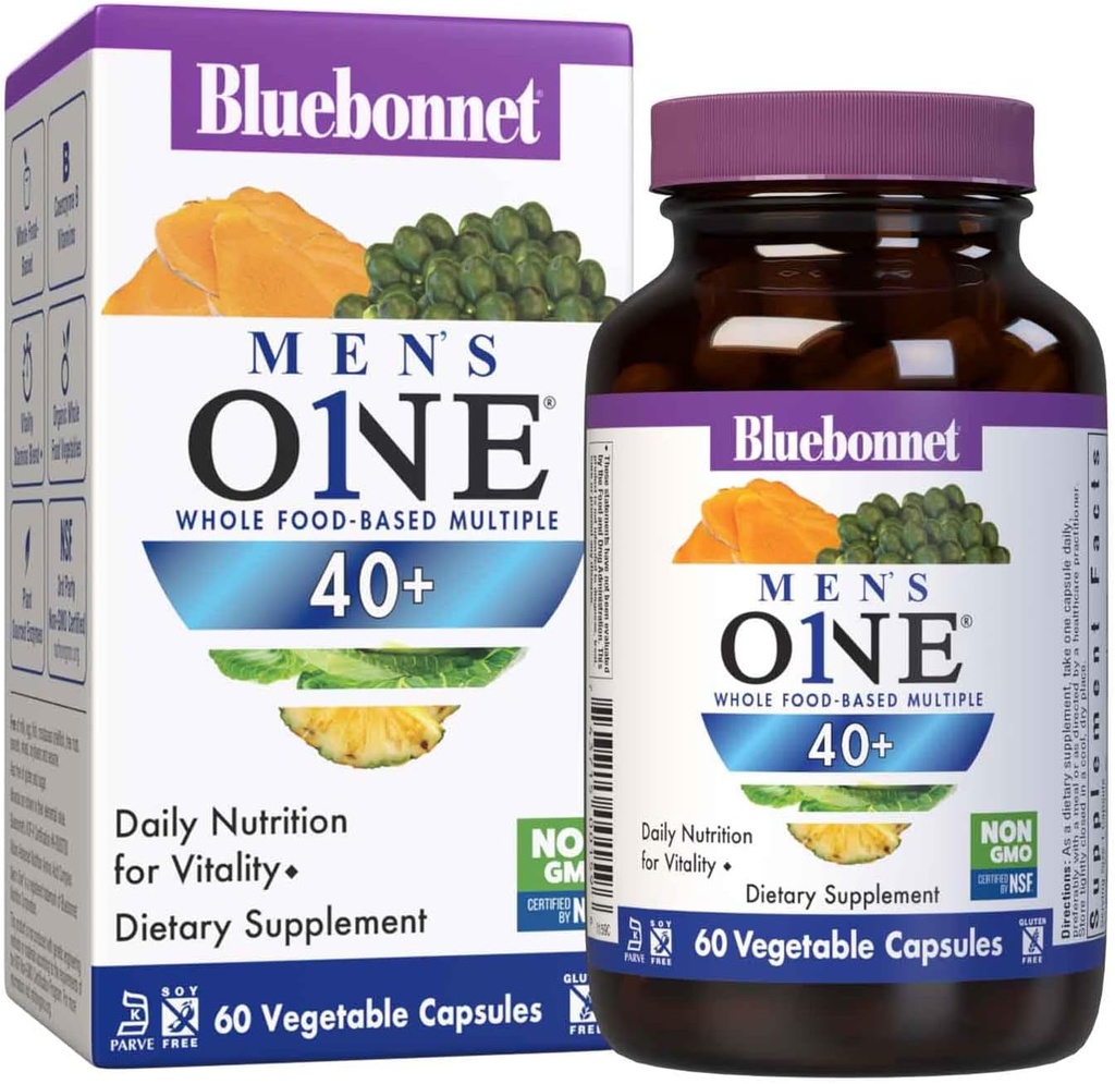Bluebonnet Nutrition Herre 'ONE 40 + Hele Food- baseret Flere, Mænd Multivitamin til mænd 40 +, Soy- Free, Non- GMO, Gluten Free, Kosher, 60 Vegetabilske kapsler, 60 Servering