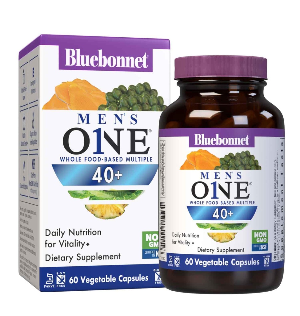 Bluebonnet Nutrition Herre 'ONE 40 + Hele Food- baseret Flere, Mænd Multivitamin til mænd 40 +, Soy- Free, Non- GMO, Gluten Free, Kosher, 60 Vegetabilske kapsler, 60 Servering