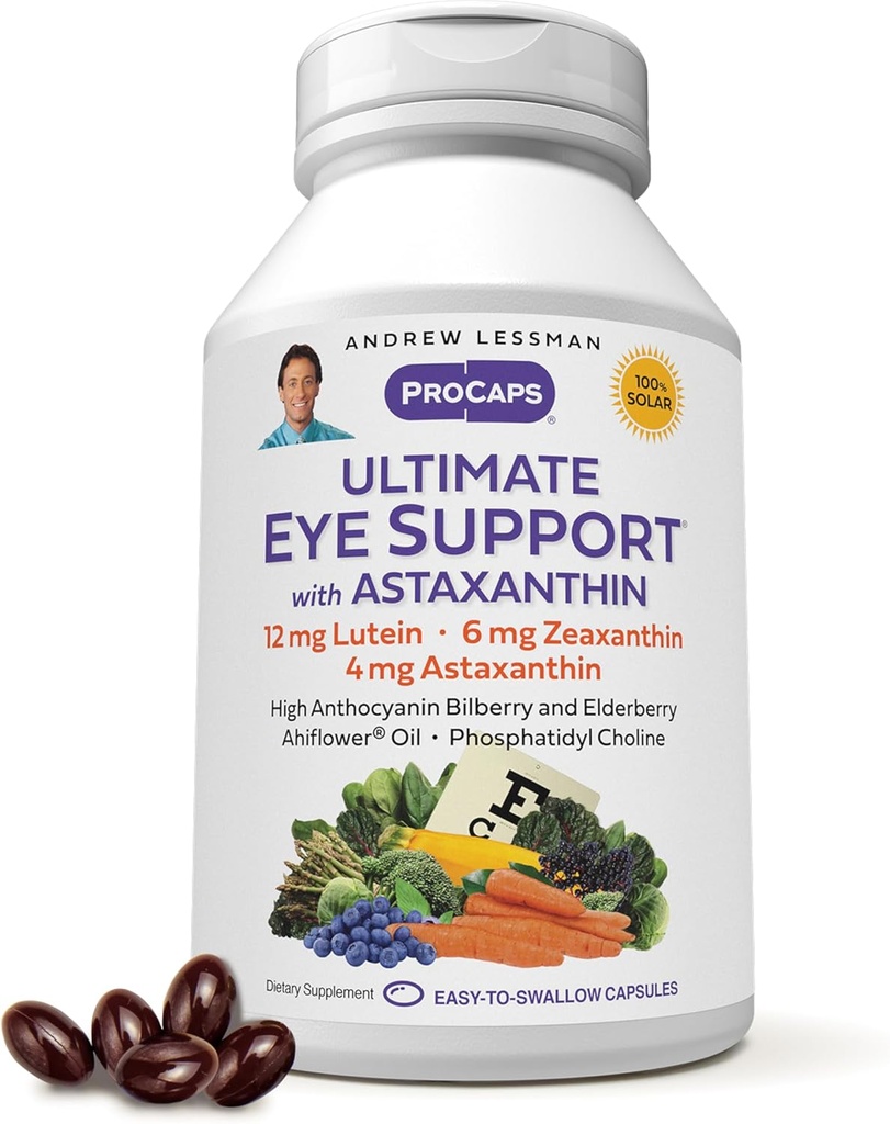 ANDREW LESSMAN Ultimate Eye Support med Astaxanthin 60 Softgels - 12mg Lutein, 6mg Zeaxanthin, 4mg Astaxanthin, Bilberry. Vigtige næringsstoffer til støtte øje sundhed, fremme sund vision. Ingen tilsætningsstoffer