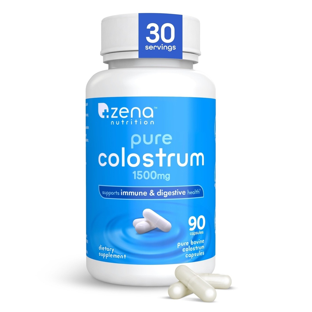 Zena Nutrition Pure Colostrum Kapsler, 1500mg tillæg, Græs Fed Bovine Colostrum, understøtter immunforsvar og fordøjelsessygdomme, fremmer Gut Health, Gluten Free, Fat Free, 1 måned Supply, 90 Kapsler
