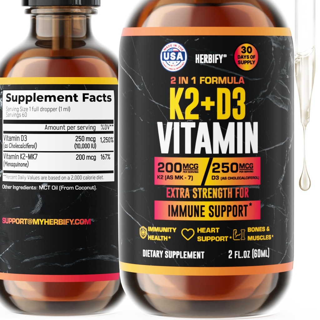 Vitamin D3 K2 Drops - Flydende vitaminer til kvinder, Mænd & Teen - Knoglestyrke Kosttilskud - D3 K2 Mt Vitamin til immunforsvar & hjerte sundhed - Vitamin D3 10000 Iu Flydende K2 Drops - 2 oz