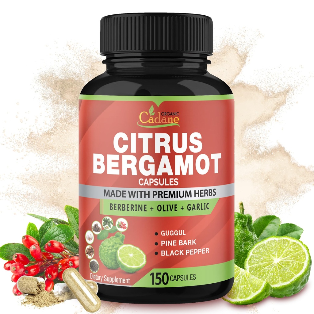 Cadane Citrus Bergamot Supplement kapsler med Berberine, Olive, Guggul, Hvidløg, Pine Bark, Black Pepper - 150 Caps til 5 Måneder Supply