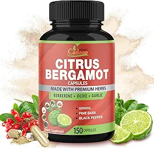 Cadane Citrus Bergamot Supplement kapsler med Berberine, Olive, Guggul, Hvidløg, Pine Bark, Black Pepper - 150 Caps til 5 Måneder Supply