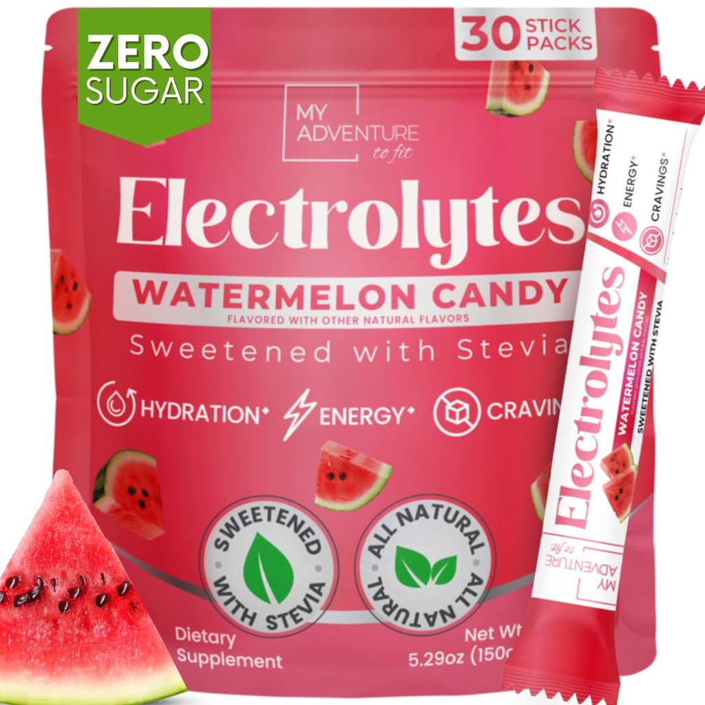 Zero Sugar Watermelon Candy Electrolytes Powder Pacets (30 Pack) - Alle naturlige ingredienser, Koffein fri energi til genopfriskning Hydration - Vegan, Keto, Paleo Sugar Free Electrolytes Powder Ingen sukker