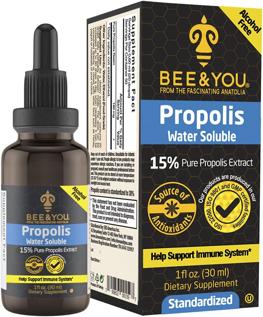 BEE og du 15% Pure Propolis vandopløselig ekstrakt - høj potens - Zero Sugar - Zero Calorie - Naturlig immunforsvar & Sore Throat Relief Antioxidanter, Keto, Paleo, Gluten- Free, 1 Fl Oz