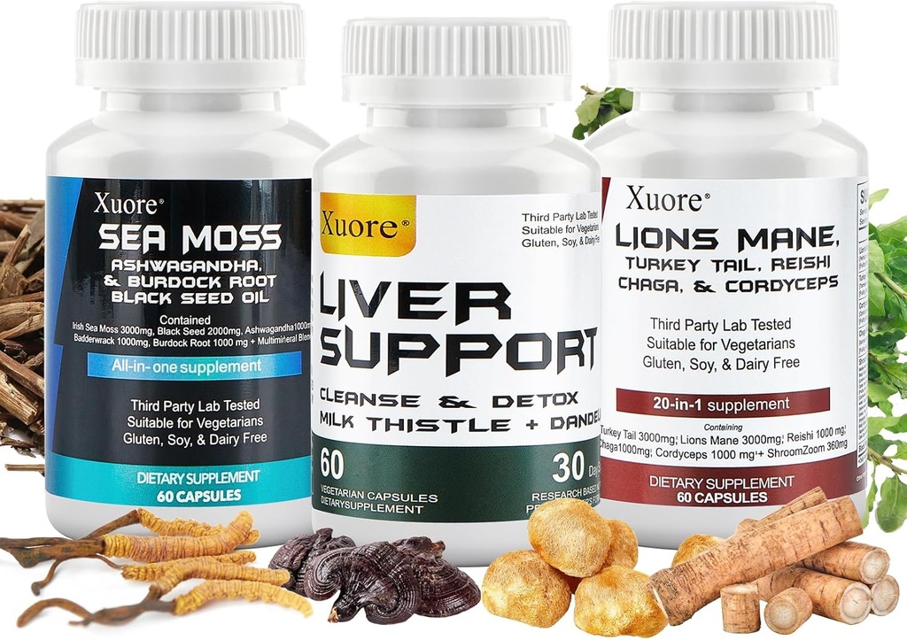 Sea Moss, Black Seed Oil, Mushroom & Herb Supplement med Lions Mane, Tyrkiet Hale, Reishi, Cordyceps, Chaga, Og Lever Cleanse og Detox & Repair - med Mælk tidsel, Alt i én supplement (3 pakker).