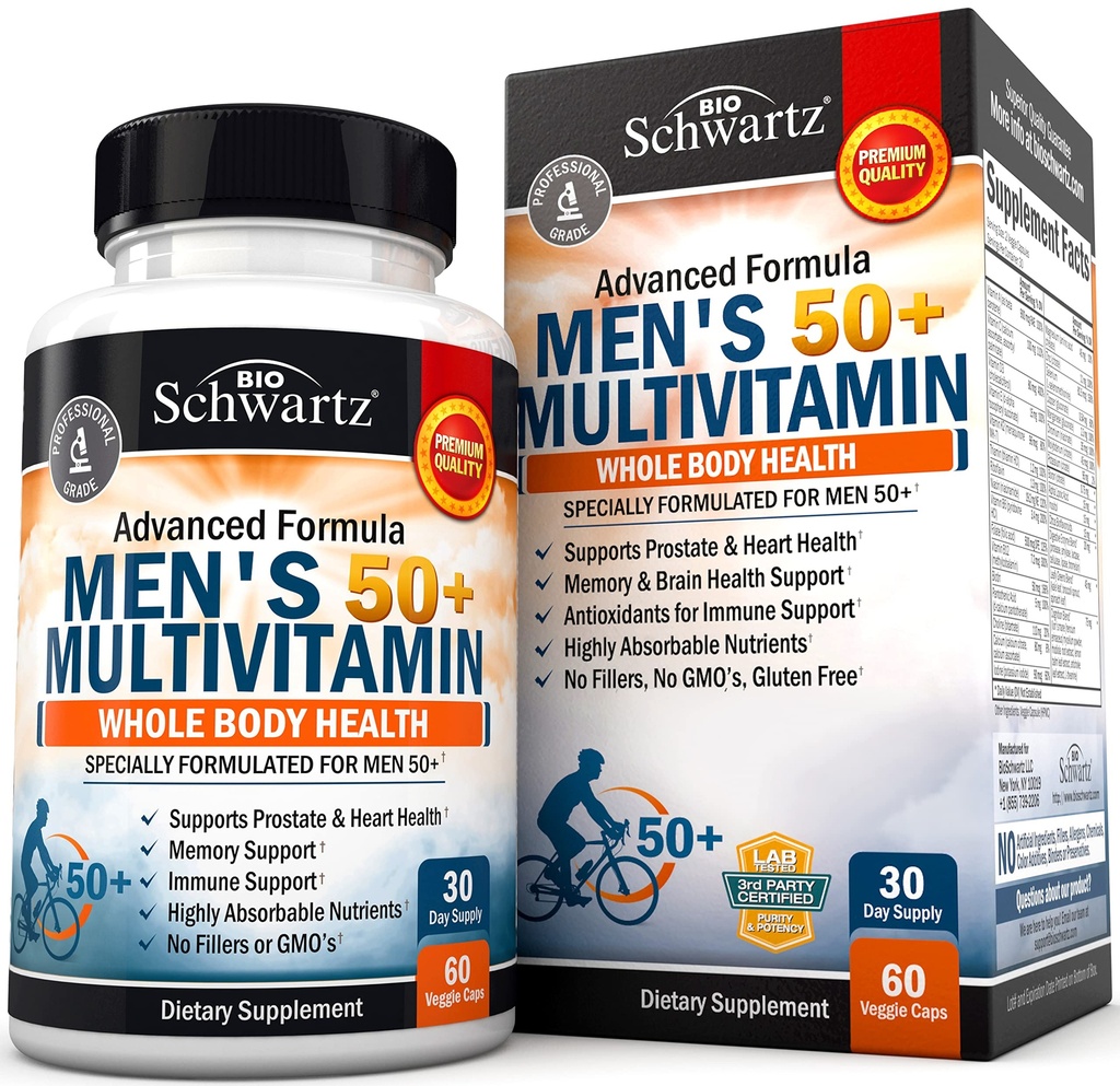 En gang daglig Multivitamin til mænd 50 og derover - supplement til hjerte sundhed support - med zink, A, B, C, D3, E-vitaminer - til hukommelse og hjerne sundhed støtte - designet til hele kroppen sundhed - 60 Greve