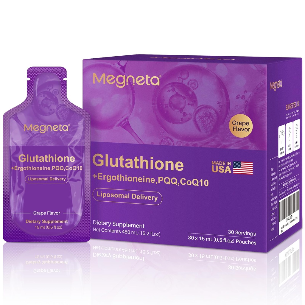 Liposomal Glutathion Supplement - 500mg Glutathion med PQQ, CoQ10 & C-vitamin - Høj Absorption Antioxidant til immun- og energistøtte - Grape Flavor, 30 Pouch