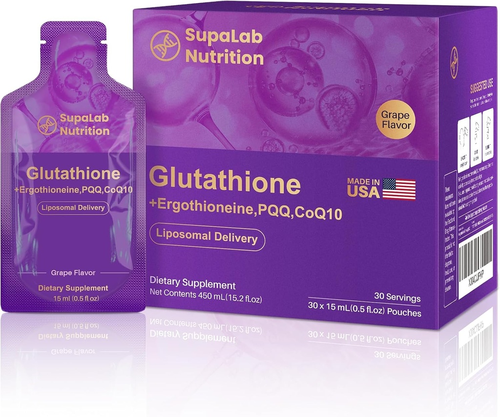Liposomal Glutathion Supplement - 500mg Glutathion med PQQ, CoQ10 & C-vitamin - Høj Absorption Antioxidant til immun- og energistøtte - Grape Flavor, 30 Pouch
