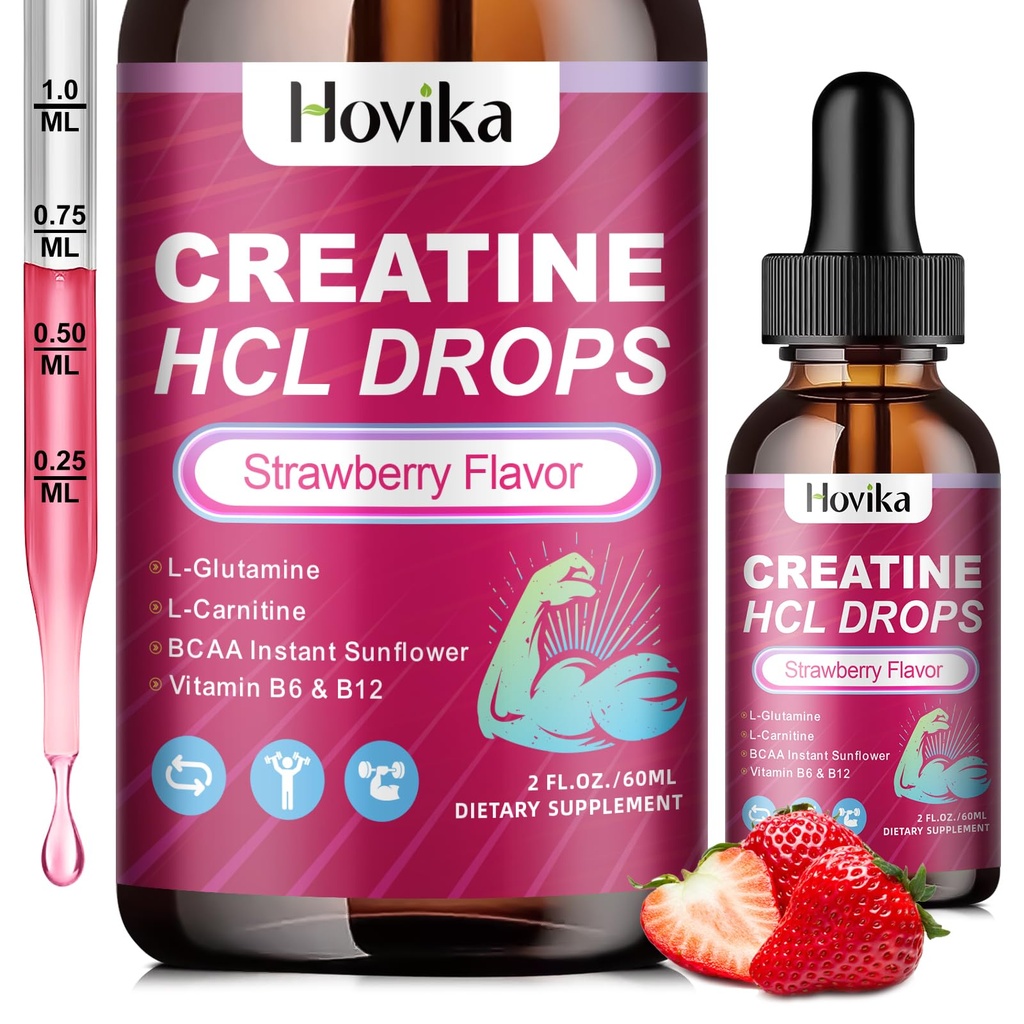 Creatin HCL flydende dråber til mænd og kvinder, Creatin hydroklorid med L-carnitin, L-glutamin, BCAA, vitamin B12 & B6 for muskelvækst, Promote Energy & Recovery- Vegan, Strawberry Flavor, 2 Fl Oz