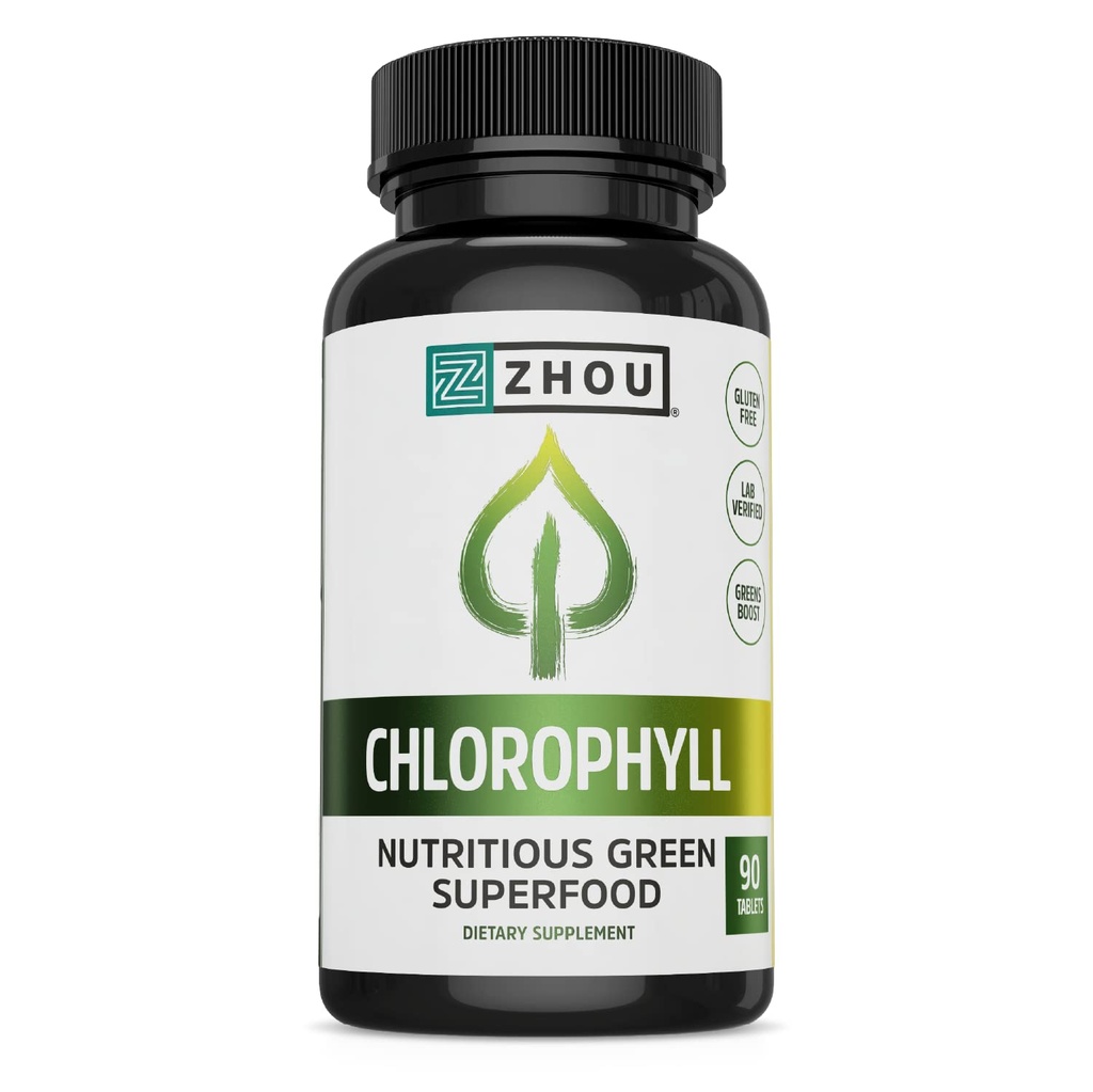 Zhou Chlorophyll tabletter - Chlorophyll piller supplement til kvinder og mænd, sundhed og wellness support, Daily Super Green med naturlige vitaminer og mineraler - 90 tabletter