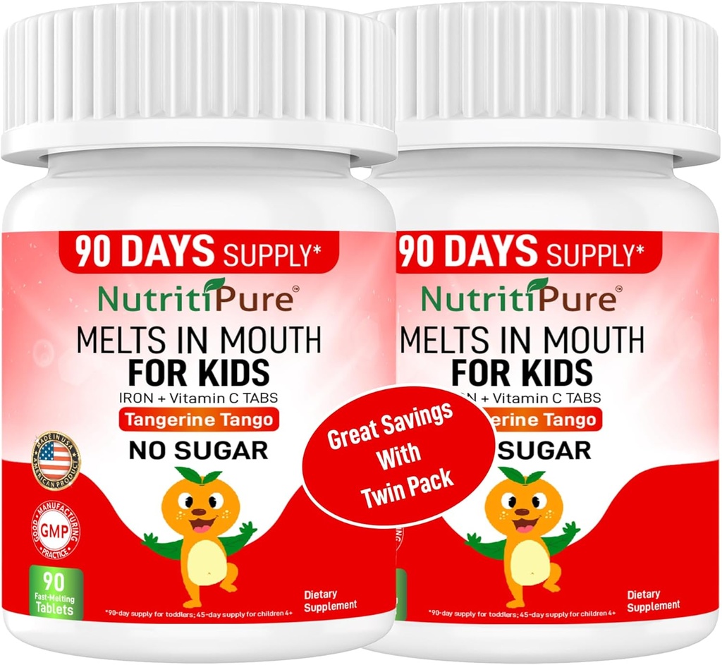 Tyggetabletter til børn (Ferronyl ® / Carbonyl Iron 9 mg med vitamin C 30 mg) Tabletter i Tangerine Tango Orange Flavor Kids Supplement 90 Tæl (2 flasker)