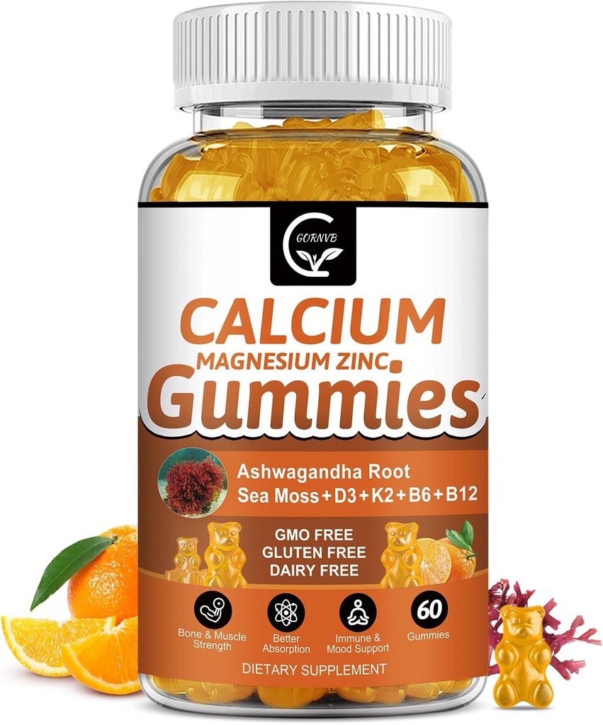 1200mg Calcium Gummies med vitamin D3, K2, B12 & B6 - Plant Complex Calcium Magnesium tillæg med glycinat, kalium, havmoss, Ashwagandha rod for ben & tænder styrke, muskel og immunforsvar