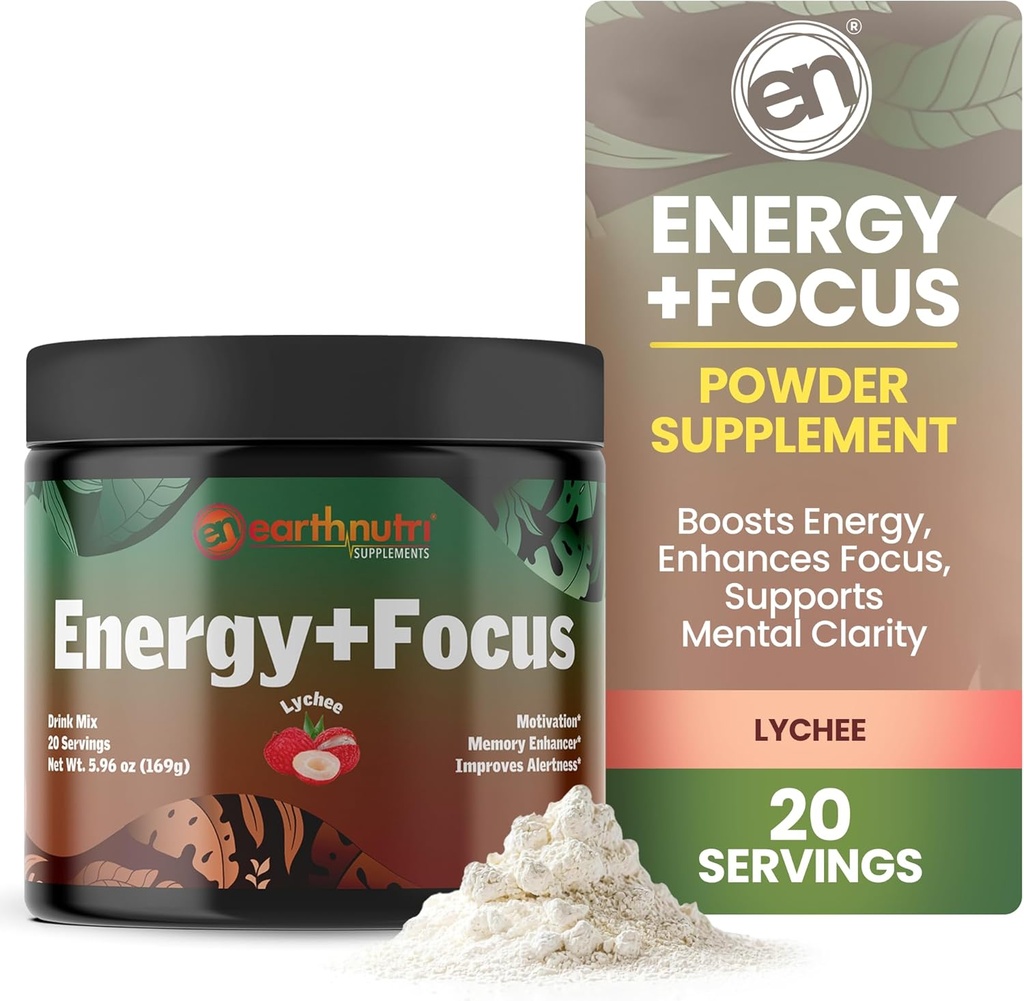 EarthNutri Energy + Focus Powder Supplement - Energy Boost & Hjælper Koncentration med PeakO2, AlphaSize, Cognizin, PurCaf, Theacrine, Acetyl L- Carnitin L- Tyrosine - Lychee Flavor - 20 Servere (171g)