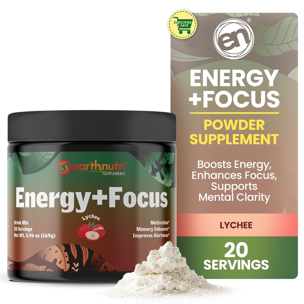 EarthNutri Energy + Focus Powder Supplement - Energy Boost & Hjælper Koncentration med PeakO2, AlphaSize, Cognizin, PurCaf, Theacrine, Acetyl L- Carnitin L- Tyrosine - Lychee Flavor - 20 Servere (171g)