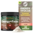 EarthNutri Energy + Focus Powder Supplement - Energy Boost & Hjælper Koncentration med PeakO2, AlphaSize, Cognizin, PurCaf, Theacrine, Acetyl L- Carnitin L- Tyrosine - Lychee Flavor - 20 Servere (171g)