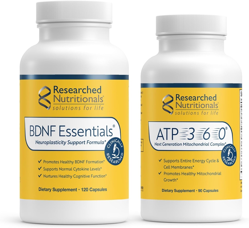 Forskede næringsmidler Sund Aging Bundle - BDNF Essentials Brain Health & Neuroplasticity Support (120 kapsler) & ATP 360 Mitokondriel & Cellular Energy Complex (90 kapsler)