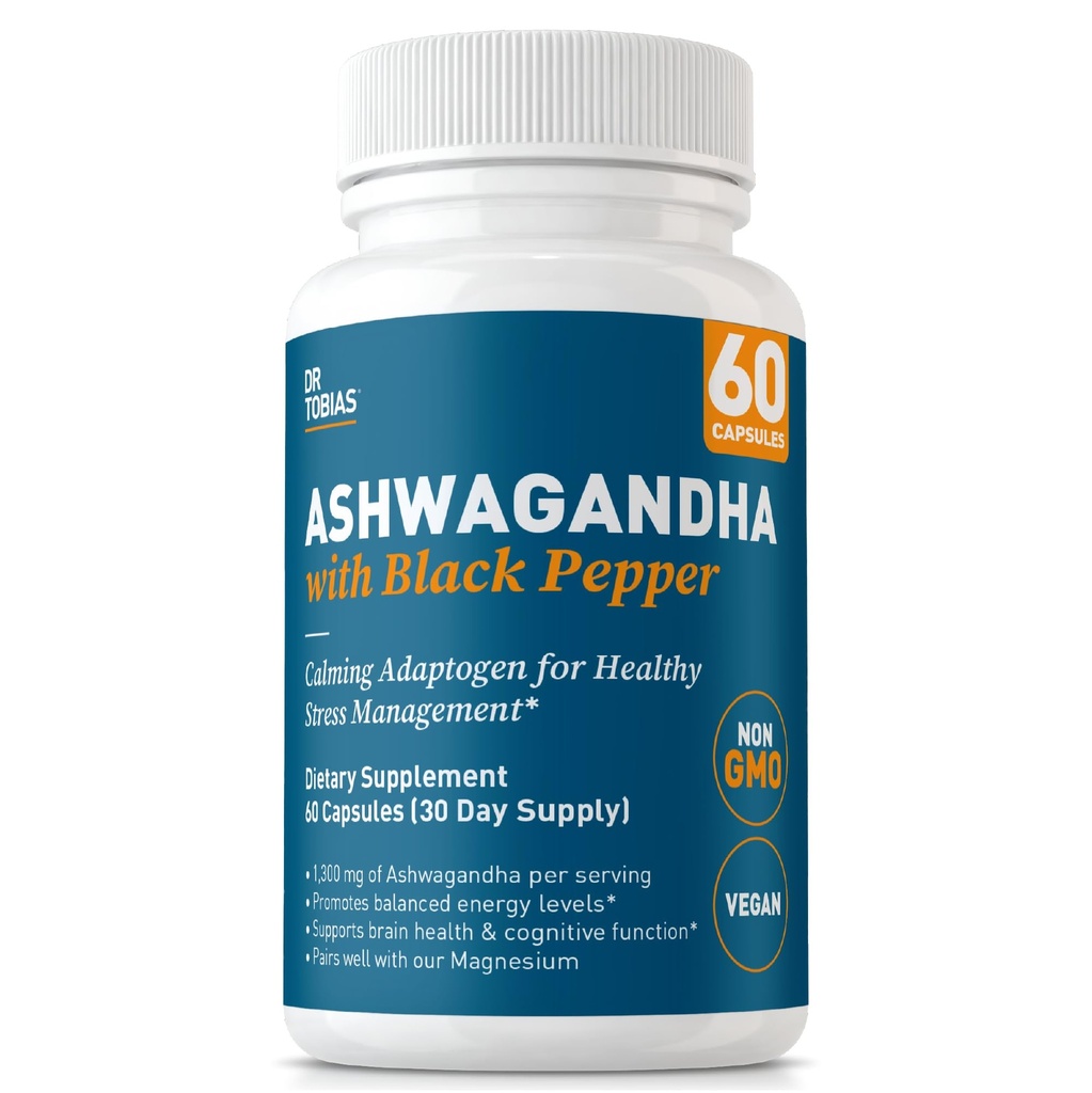 Dr. Tobias Ashwagandha Kapsler, 1300mg Organic Ashwagandha Root Extract Per servering med sort peber, Calming Adaptogen, Energy & Focus Supplement, 60 Vegetariske Kapsler