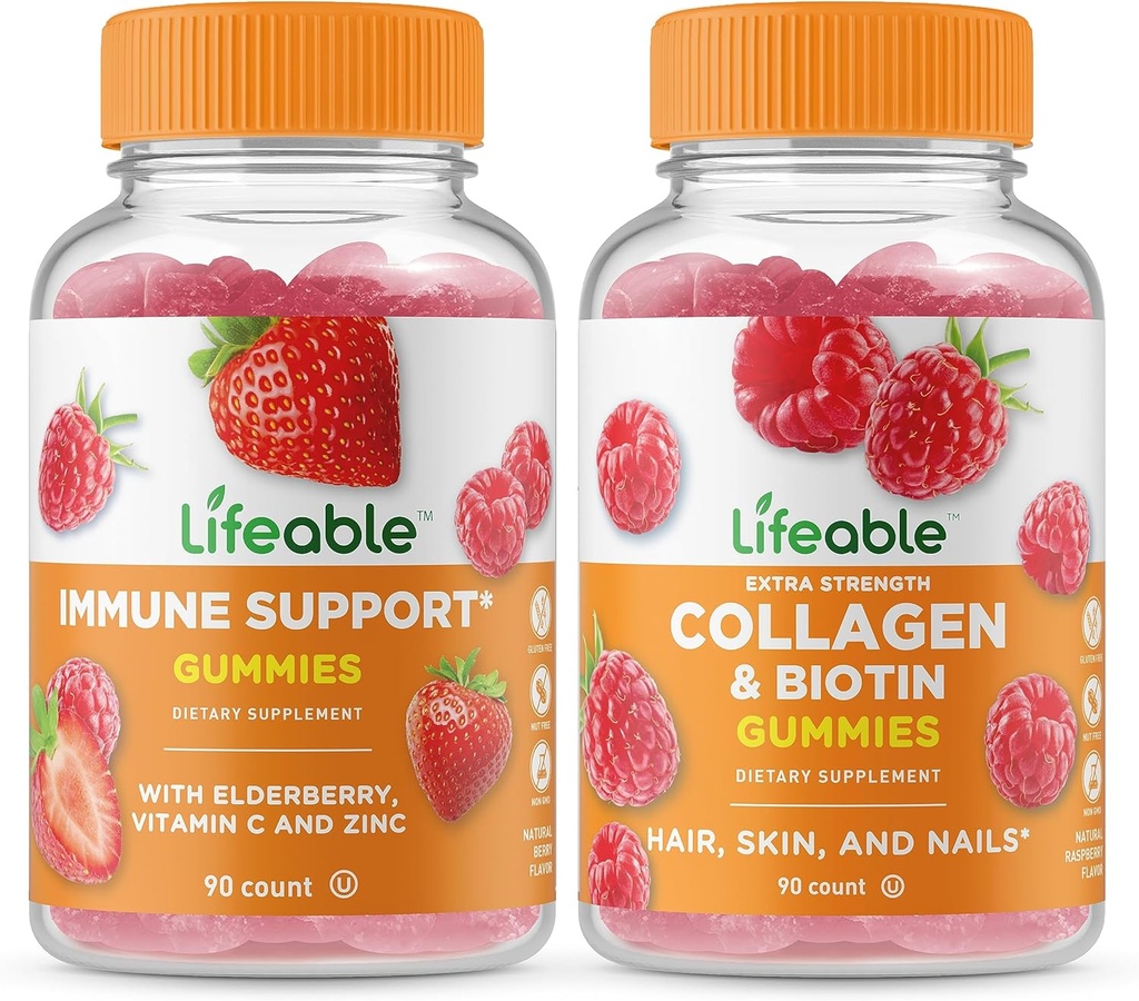 Lifeable Immune Support + Collagen & Biotin, Gummies Bundle - Great Tasting, Vitamin Supplement, Gluten Free, GMO Free, Chewable Gummy